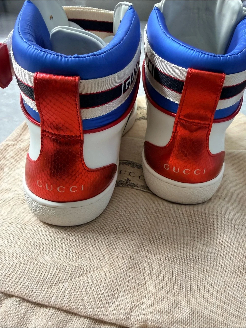 Gucci White High-Top Leather Sneakers with Green and Red Web Stripe